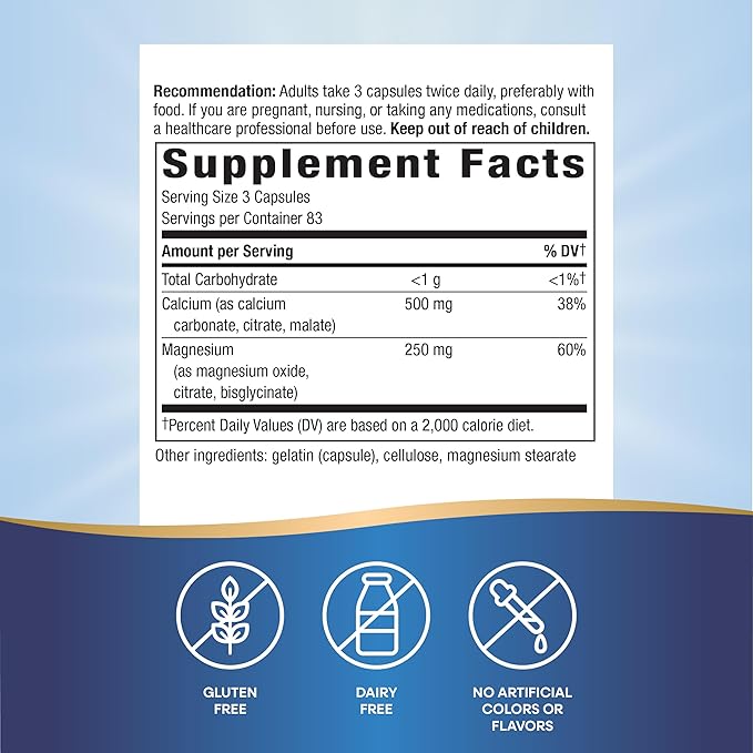 Nature's Way Calcium & Magnesium Mineral Complex, Supports Bone Health & Muscle Function,* 750 mg per 3-Capsule Serving, 250 Capsules (Packaging May Vary)