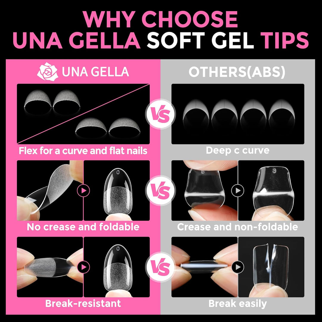 UNA GELLA 216 Pcs Square Toe Nail Tips | Soft Gel Full Cover Press-Ons