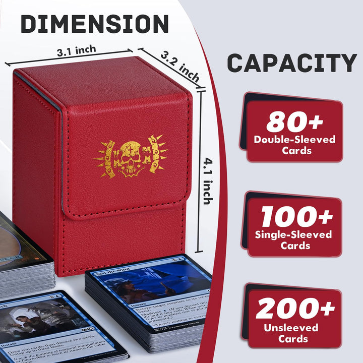 ZLCA Card Deck Box for MTG Cards with 2 Dividers, Card Storage Box Fits 100+ Single Sleeved Cards, PU Leather TCG Card Deck Case Holder for Magic Commander Yugioh (Red,Hammer)