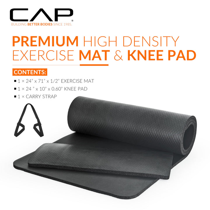 CAP High Density Exercise Yoga Mat with strap and Knee Pad 71"x24"x1/2" BLACK