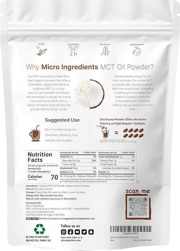 Organic MCT Oil Powder with Prebiotic Fiber,1 Pound(16 Ounce), Fast Fuel for Body and Brain, C8 MCT Oil for Coffee Creamer, No GMOs, Keto Diet, Vegan