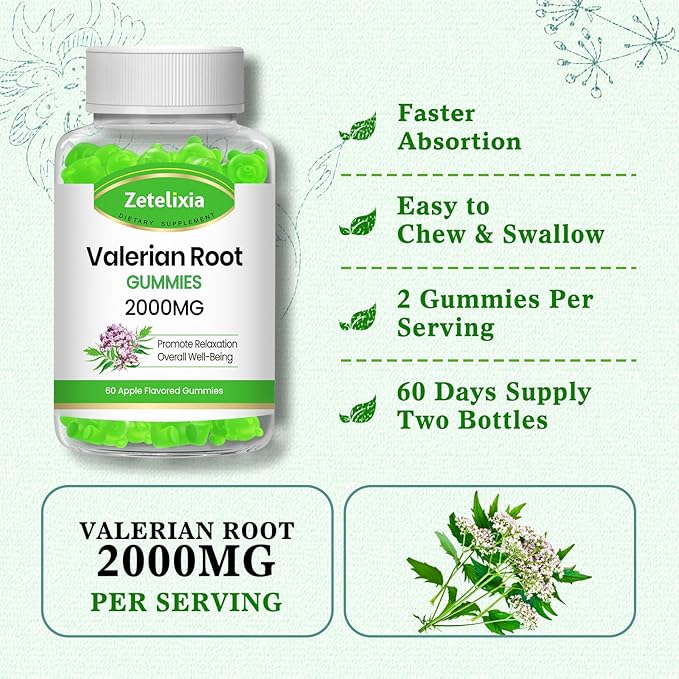2 Pack Organic Valerian Root Gummies, Herbal Supplement for Relaxation & Mood Support, Sleep Gummies Without Melatonin for Adults, Vegan, Non-GMO, Apple Flavor, 120 Count