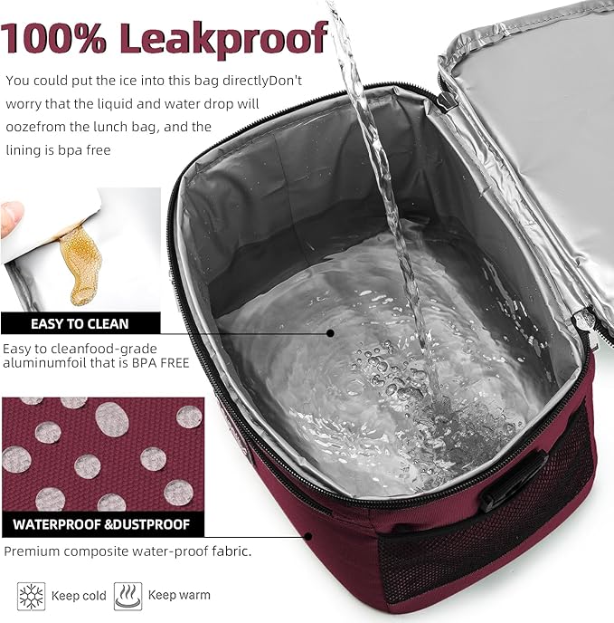 BEIMILY Lunch Box for Men/Women,Small Insulated Lunch Bag,Reusable LunchBox for work Picnic Hiking Beach,Leakproof Soft Cooler Tote Bag Organizer with Adjustable Shoulder Strap for Adults (Dark red)