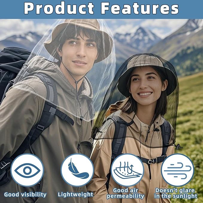 2 Pack Ultra Large Mosquito Net 42x25 Inches Mosquito Head Net Oversized Insect Netting Bug Fits Most Hats for Gardening Hiking Fishing Traveling(White+Black)