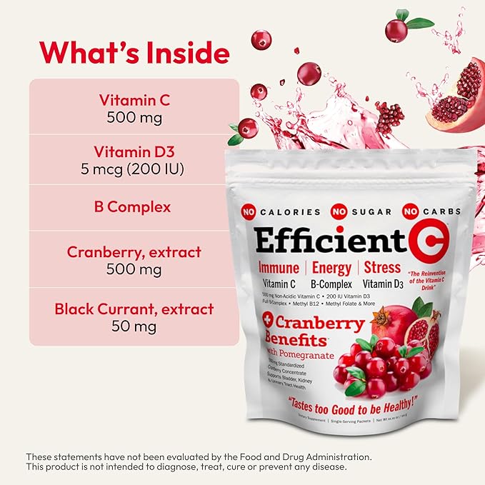 ANDREW LESSMAN Efficient C + Cranberry Benefits 180 Packets - Immune, Energy, Stress and Urinary Tract Support. Reinvention of The Vitamin C Drink. No Calories. No Sugar. No Carbs. Easy to Mix.