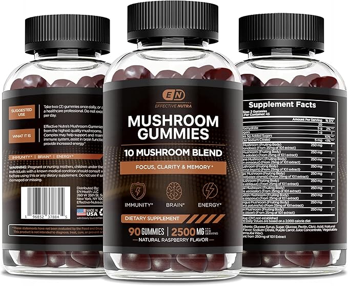 Mushroom Gummies 2500mg | 10 Blend w/Lions Mane, Reishi, Chaga, Cordyceps & More | Focus, Memory, Immunity, Energy | Natural Berry Flavor Supplement | Vegan, Made in USA (2-Pack)