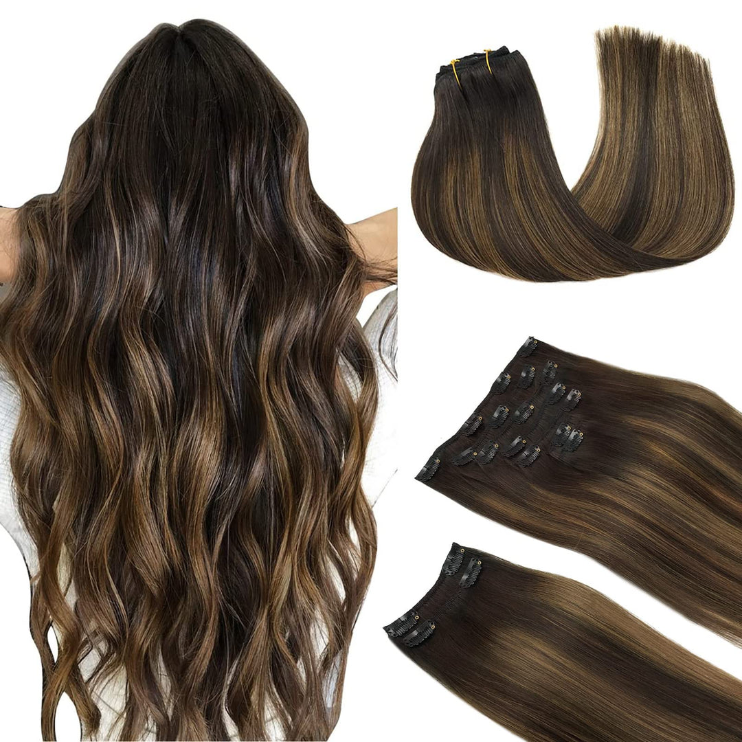 Doores Human Hair Clip In Extensions, Balayage Dark Brown To Chestnut Brown 14 Inch 9Pcs 150G, Hair Extensions Real Human Hair C