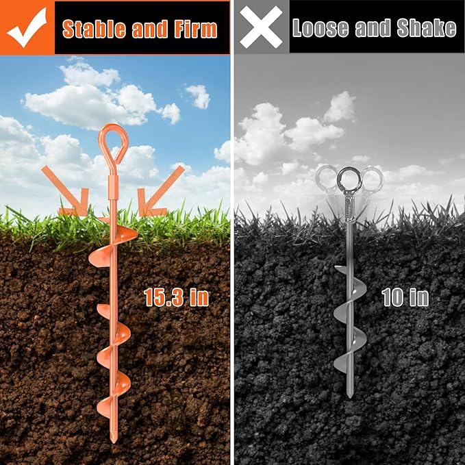 15 Inch Ground Anchors Screw in, 6 Pack Heavy Duty Tent Stakes with T Handle Hex Wrench and Power Nut Driver, Upgraded Metal Trampoline Stake Spiral Anchor Kit for Camping Tent, Swing Set, Canopy