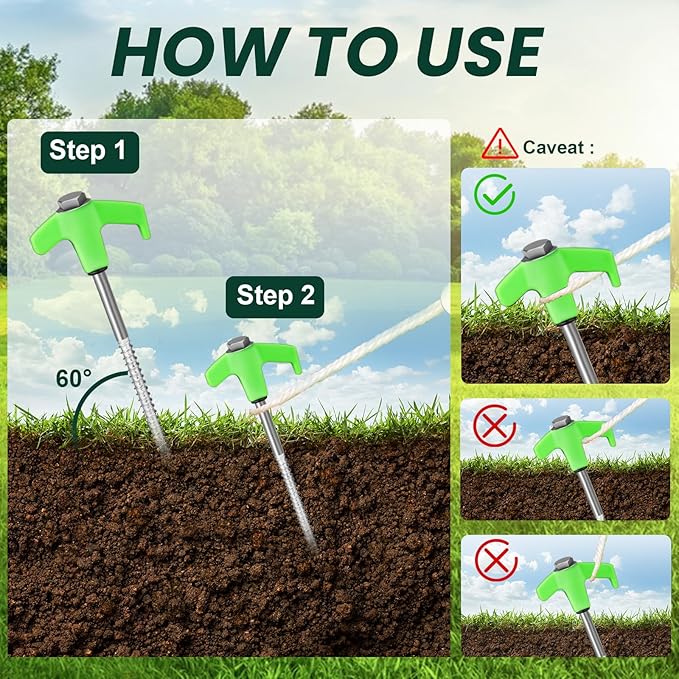 8" Screw in Tent Stakes 12PCS - Ground Anchors Screw - Screw in Tent Stakes Heavy Duty- Tent Pegs Camping Stakes - Hex Pegs Drillable Tent Stakes and Hexagon Head Drive and Storage Box (Green)