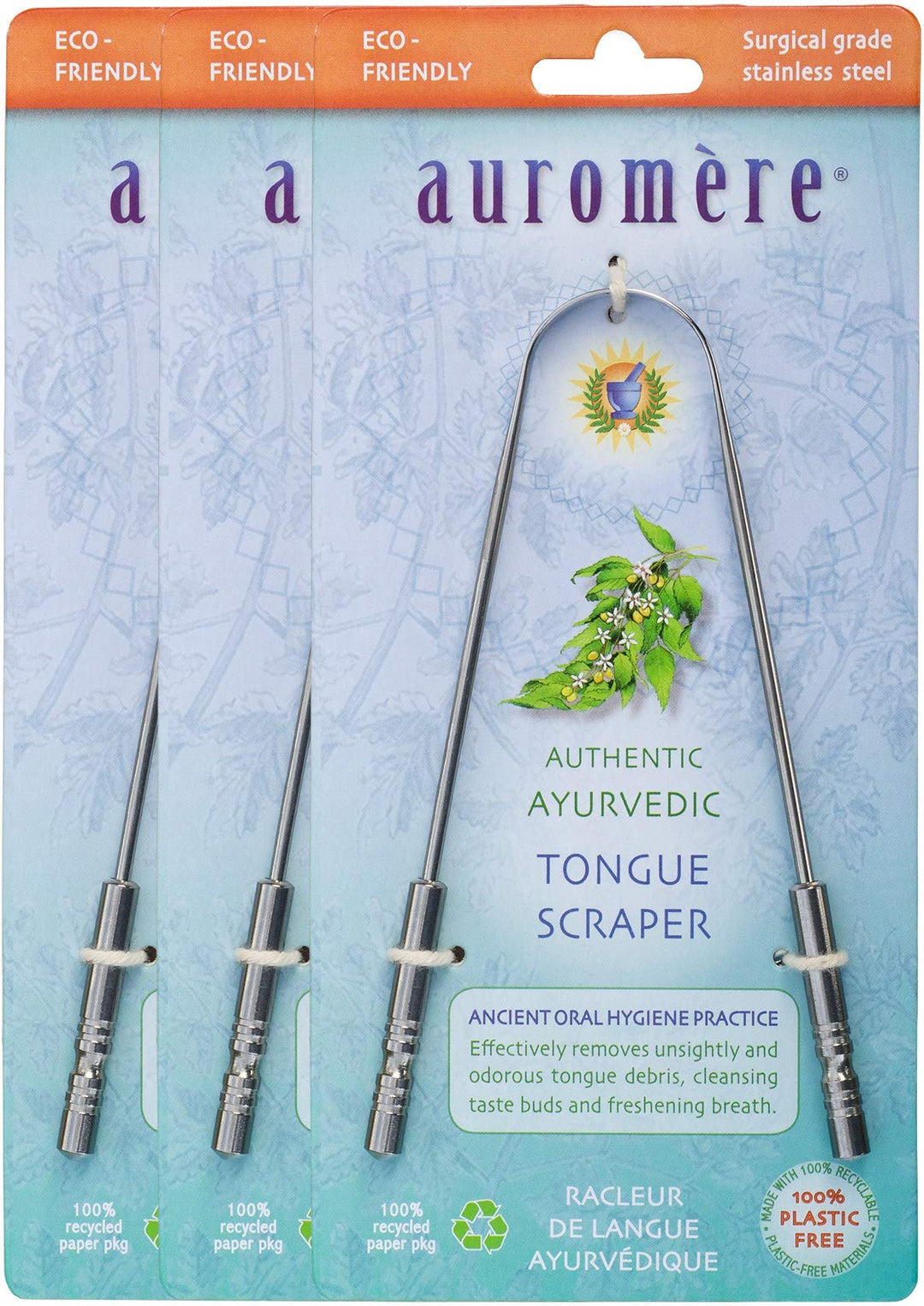 Auromere Tongue Cleaner, Ancient Oral Hygiene, Eco Friendly, Zero Waste, Stainless Steel, Eliminate Bad Breath (3 Pack)