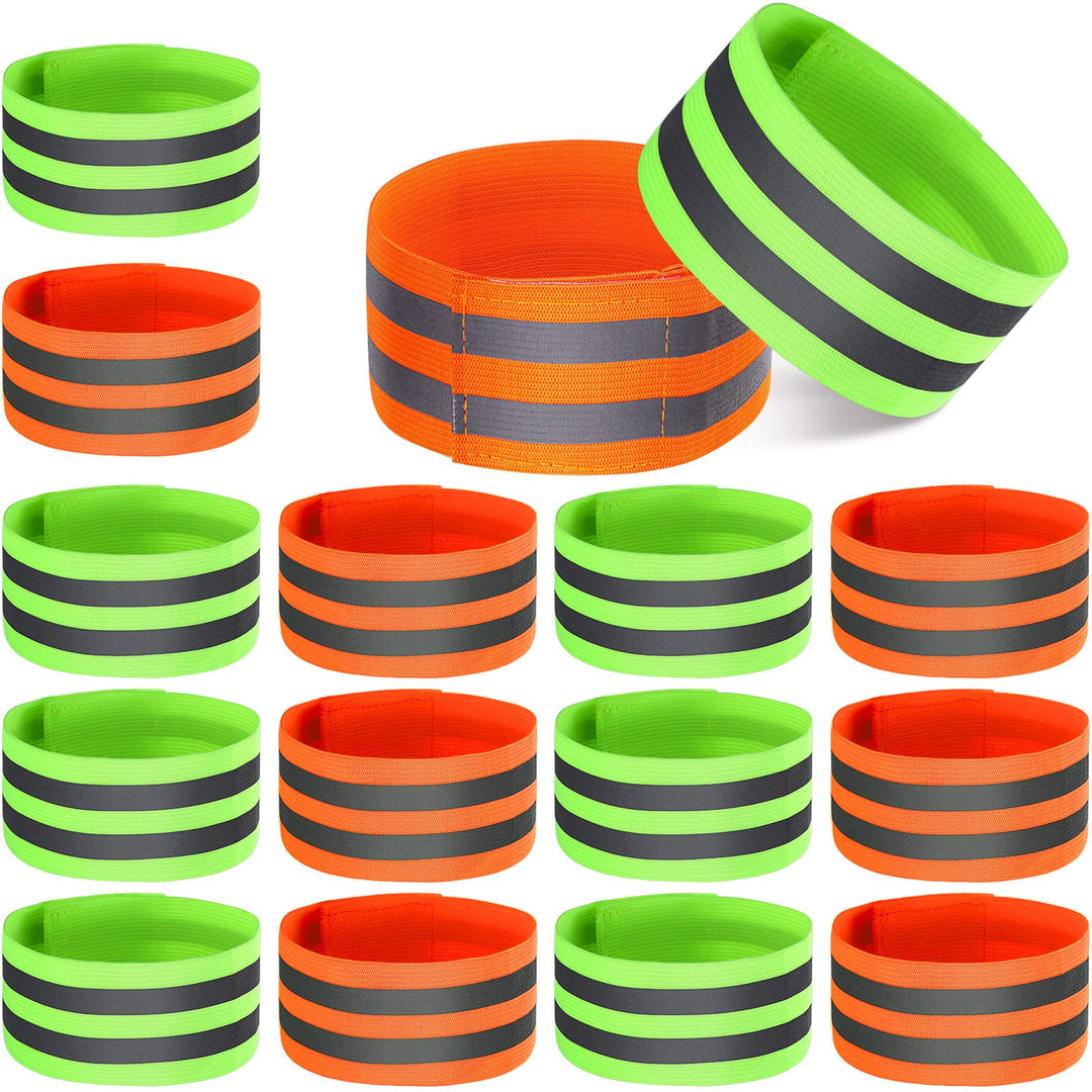 16 Pieces Reflective Bands Reflector Bands for Wrist, Arm, Ankle, Leg, High Visibility Reflective Gear Safety Reflector Tape Straps for Night Walking, Cycling and Running (Green, Orange)