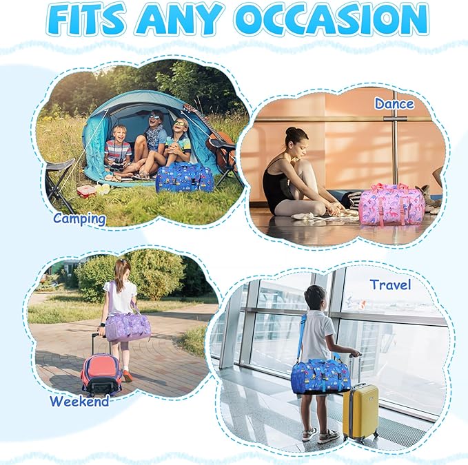 Kids Overnight Duffle Bags,Kasqo Boys Travel Bag Water Resistant Sports Gym Duffel Bag for Teens Girls Sleepover Bag Weekender Carry On Tote with Shoes Compartment Dry Wet Pocket,Blue Cars