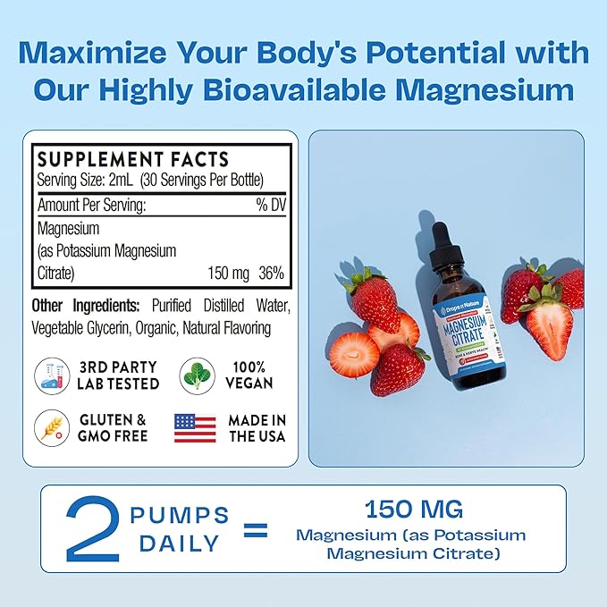 Magnesium Citrate Liquid Supplement – Bioavailable 150 mg Magnesium Supplement – Vegan, Faster Absorption than Citrate Capsules & Pills – Contains Heart & Nerve Nourishing Minerals (Mixed Berry, 60mL)