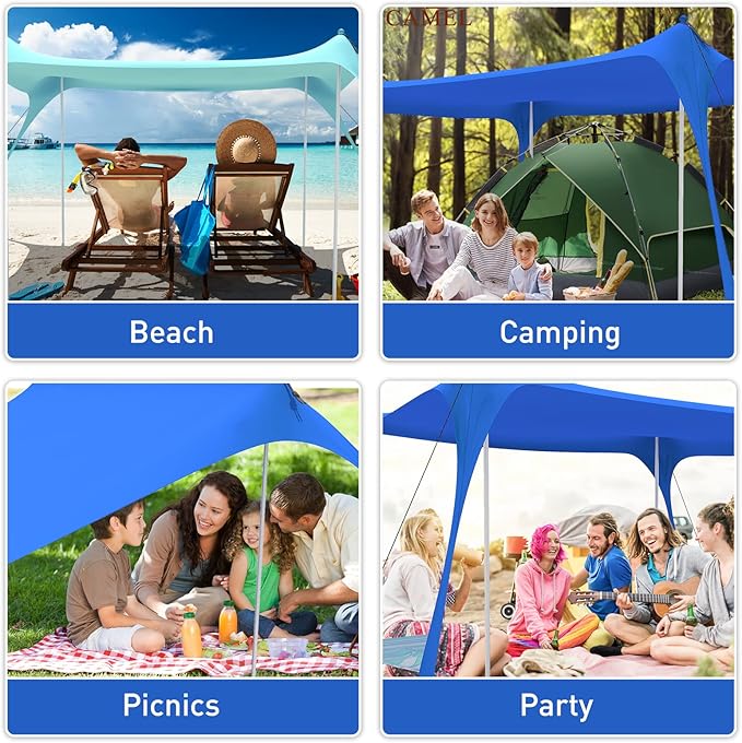 Beach Tent Pop Up Sun Shade Canopy Sun Shelter UPF50+ with 4 Stability Poles/Carry Bag/Ground Pegs/Sand Shovel/Windproof Ropes Portable Outdoor Family Sunshade for Beach Camping Fishing Picnic