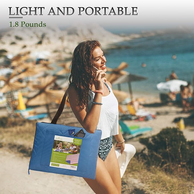 Beach Blanket Sand Proof & Outdoor Picnic Blanket - Water Resistant, Large Mat for Camping or Travel. Washable, Foldable, Easy Carry Compact Tote Bag Stripes (Red/White/Blue)