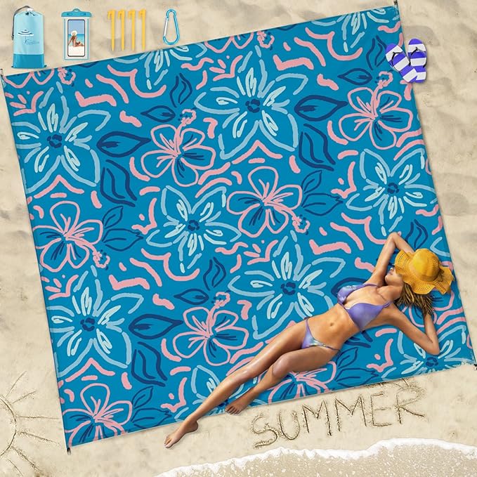 Beach Blanket Sandproof Waterproof 78''×81''1-5 Adults Oversized,Compact Lightweight Durable Beach Mat for Travel Camping Hiking Picnic Blanket