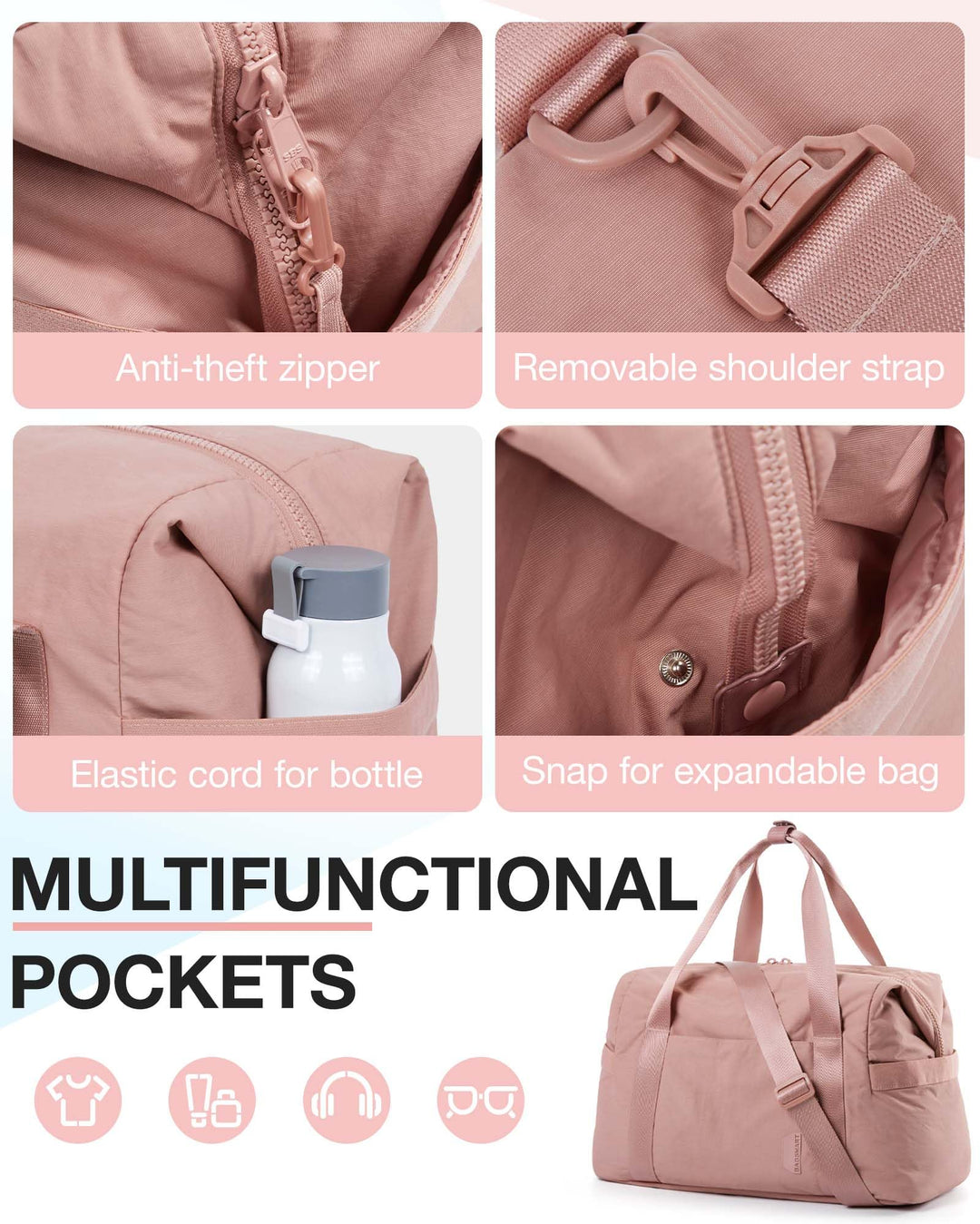 BAGSMART BAGSMART Gym Bag for Women, Carry on Weekender Overnight Bag, Travel Duffel Bags with Trolley Sleeve, Personal Item Travel Bag Tote Bag Workout Dance Bag, Dark Pink-34L