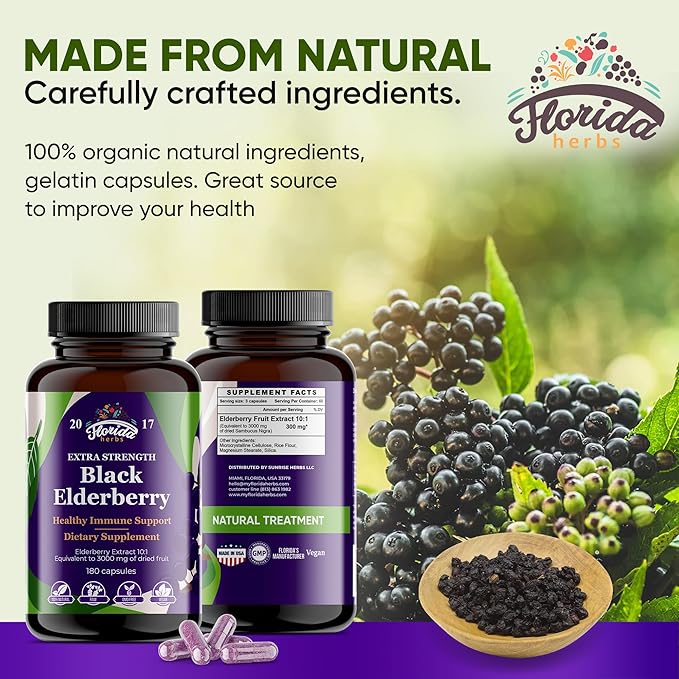 Black Elderberry Capsules | 180 Count | Sambucus Elderberry Vitamins, Non-GMO, Gluten Free, Organic Elderberry Extract Sambucus Nigra