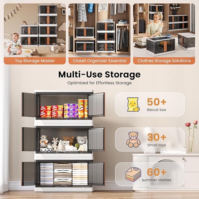 19Gal Collapsible Storage Bins with Lids & Wheels - 3 Pack Stackable with Doors, Heavy-Duty Plastic Containers for Home/Office, White