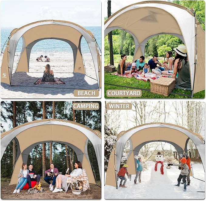 Beach Tent 12 X 12ft Large UPF50+ Pop Up Canopy with 2-Pcs Side Wall, Sun Shelter Rainproof, Waterproof for Camping Trips, Backyard Fun, Fishing, Parties, Or Picnics(Khaki-Upgrade)