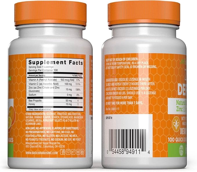 – Zinc Orange Defend - 100 Lozenges - Natural Orange Flavor Zinc–Lozenges - Immune Boost, Cold Relief, Non-GMO, Zinc Acetate & Vitamin C - 2-Pack