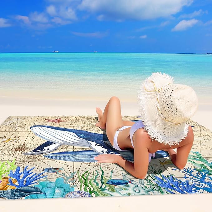 Beach Blanket, Sandproof Beach Mat 79" X 82" for 4-7 Adults, Large Waterproof Beach Blanket Quick Drying Lightweight Beach Blanket with 4 Stakes for Travel Camping Hiking(Whale)