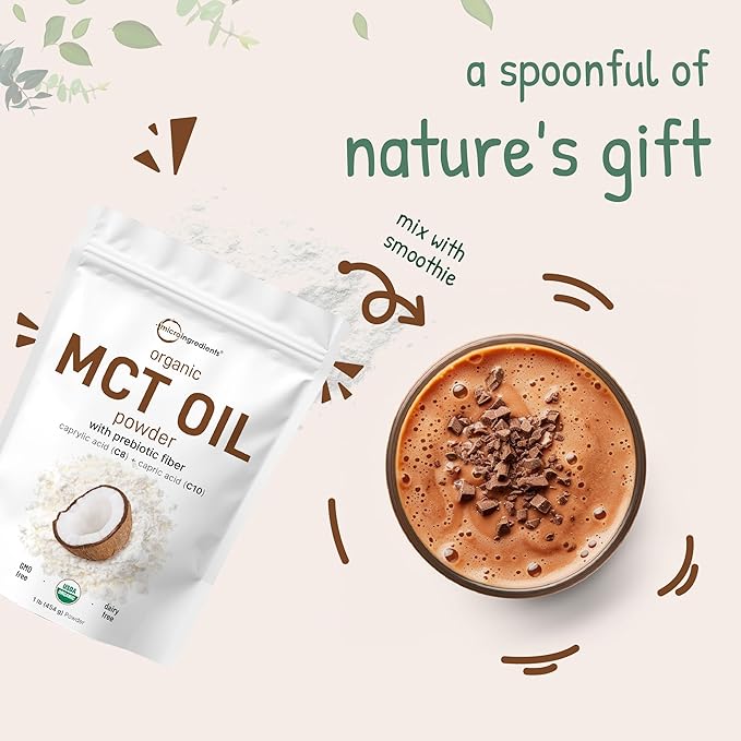 Organic MCT Oil Powder with Prebiotic Fiber,1 Pound(16 Ounce), Fast Fuel for Body and Brain, C8 MCT Oil for Coffee Creamer, No GMOs, Keto Diet, Vegan