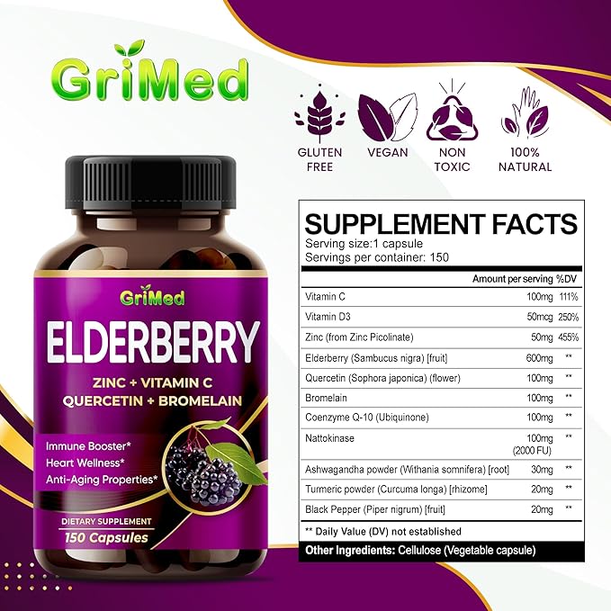 GriMed Elderberry 21,900mg - X15 Power with Zinc, Vitamin C, Quercetin, Bromelain - Immune Booster, Anti-Aging Properties - Made in USA (150 Count (Pack of 1))