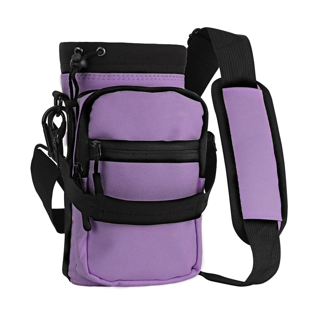 Nuovoware Water Bottle Carrier, 40oz Bottle Carrier Sports Water Bottle Holder with Adjustable Shoulder Strap, 2 Pockets Flask Sling Bag Drawstring Pouch for Climbing Hiking Walking, Purple
