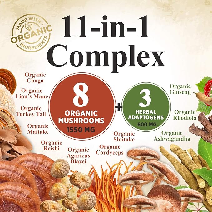 Mushroom Powder - 11 in 1 Complex Mushroom Supplement with Organic Lions Mane, Reishi, Cordyceps, Chaga, Turkey Tail, Maitake Extract for Memory, Brain, Energy, Focus, & Immune Support - 60 Servings