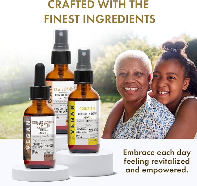 Inflammation Defense Bundle: Ultimate Mushroom Complex with Lions Mane, Reishi, Cordyceps & Chaga, Raw Vitamin C, and Bromelain | Non-GMO | Gluten-Free | Sugar-Free | 2 Fl Oz | 240-Days Supply