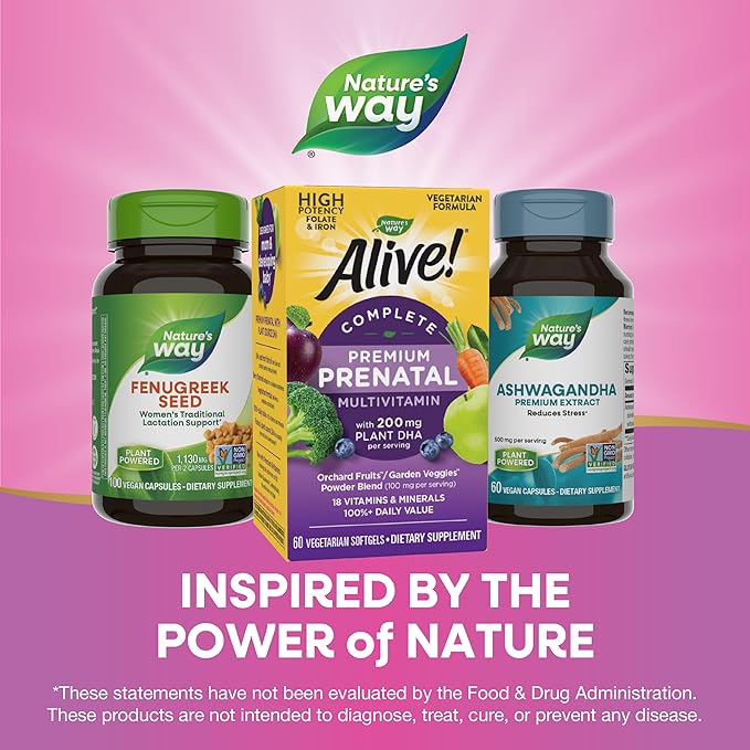 Nature's Way Alive! Complete Premium Prenatal Multivitamin for Women, Healthy Eye and Brain Development*, 60 Vegetarian Softgels