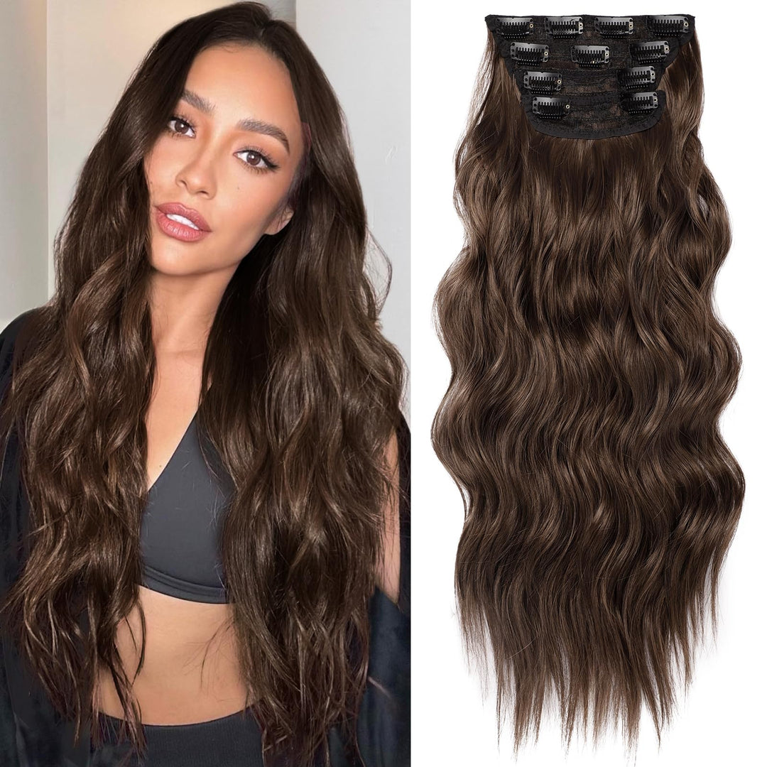 Kookastyle Hair Extensions Long Wavy 4Pcs Thick Clip In Hair Extensions Hairpieces Chocolate Brown Fiber Double Weft Natural Syn