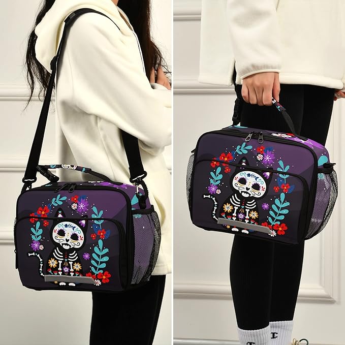 Cat Sugar Skull Lunch Bag Insulated Lunch Box Cooler Cooling Tote Food Container for Adults Men Women