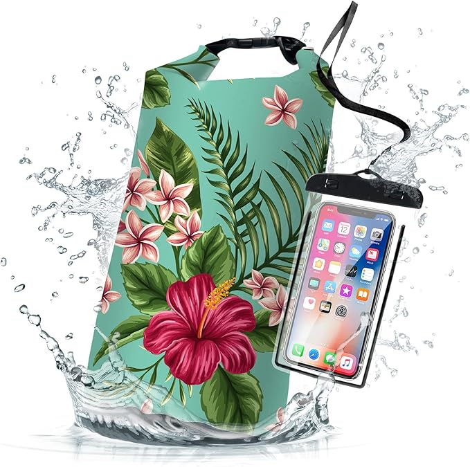Waterproof Dry Bag,Roll Top Tropical Summer Watercolor Hibiscus Waterproof Backpack 5L/10L/20L Floating and Lightweight Bags for Kayaking, Boating, Swimming and Camping with Waterproof Phone Case
