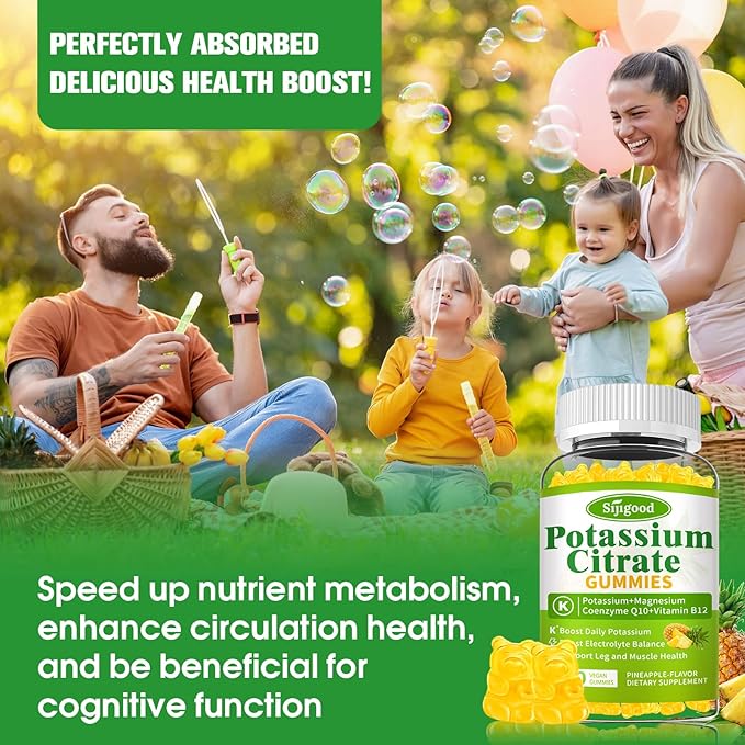 Potassium Citrate Gummies – High Potency Potassium Supplement for Muscle Health, Leg Cramp Relief, Electrolyte Balance – Vegan, Non-GMO, Gluten-Free, Pineapple Flavor, 60 Count