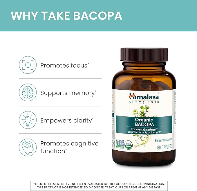 Himalaya Organic Bacopa Monnieri Nootropic Herbal Supplement, Mental Alertness, Supports Calm, Memory, Cognition, USDA Organic, Non-GMO, 750 mg, 60 Plant-Based Caplets, 2 Pack, 120 Day Supply
