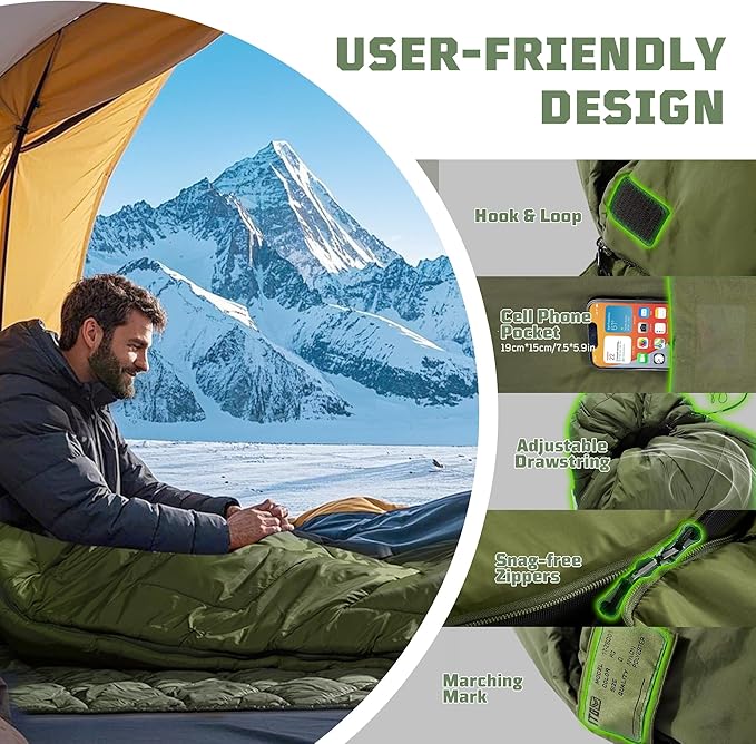 Sleeping Bags for Adults, 34°F to 43°F Ultralight Warm Cold Weather Sleeping Bag for Camping, Backpacking, Hiking, Hunting, and Outdoor Travel with Compression Sack