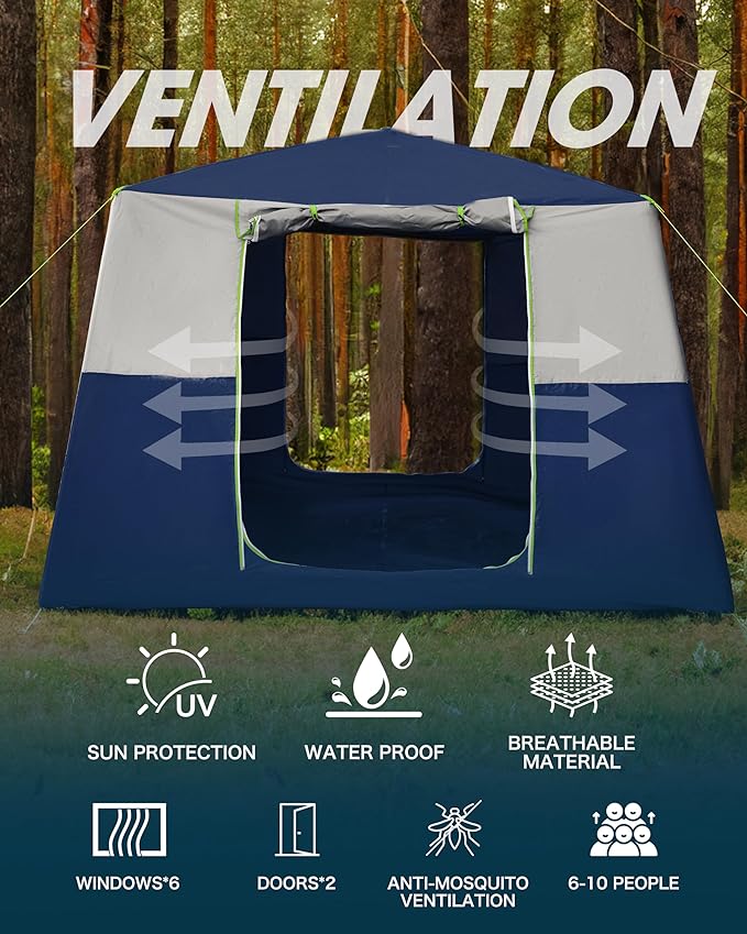 14.1'x6.5'x9' Inflatable Tents for Camping, Portable 6/8/10 Person Blow Up Air Tent, Waterproof Windproof Easy Setup Large Family Tent with 2 Doors, 6 Windows, Mosquito Screen