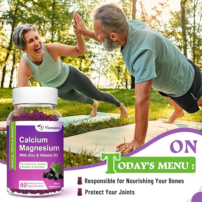 High Absorption Calcium Gummies, Calcium Magnesium Zinc with Magnesium Glycinate, Potassium, Vitamin D3 for Women & Men- Blueberry Flavor 120 Cts