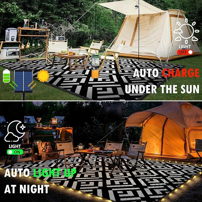 8x10Ft Outdoor Rug, Solar Powered Outdoor Camping Rug with 111LEDs Strip Lights, Waterproof Plastic Reversible Outdoor Straw Rug, Rug Mat for RV Camping Patio House Deck Beach Balcony Picnic