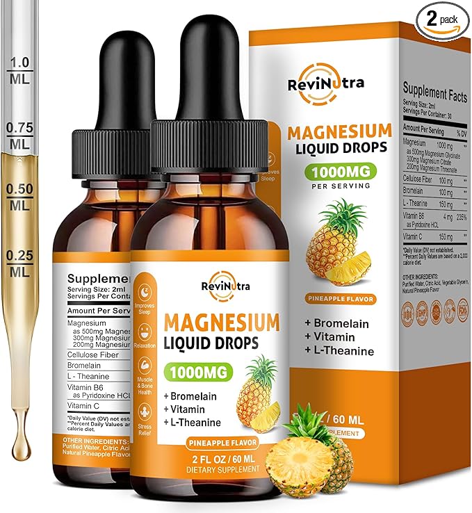 2 Pack Magnesium Glycinate Liquid Drops, 1000mg of Magnesium Glycinate, Citrate & Threonate for Sleep, Nerve, Energy, Muscle, Bone, Calm & Digestion, High Absorption, 2 Fl Oz, Pineapple Flavor