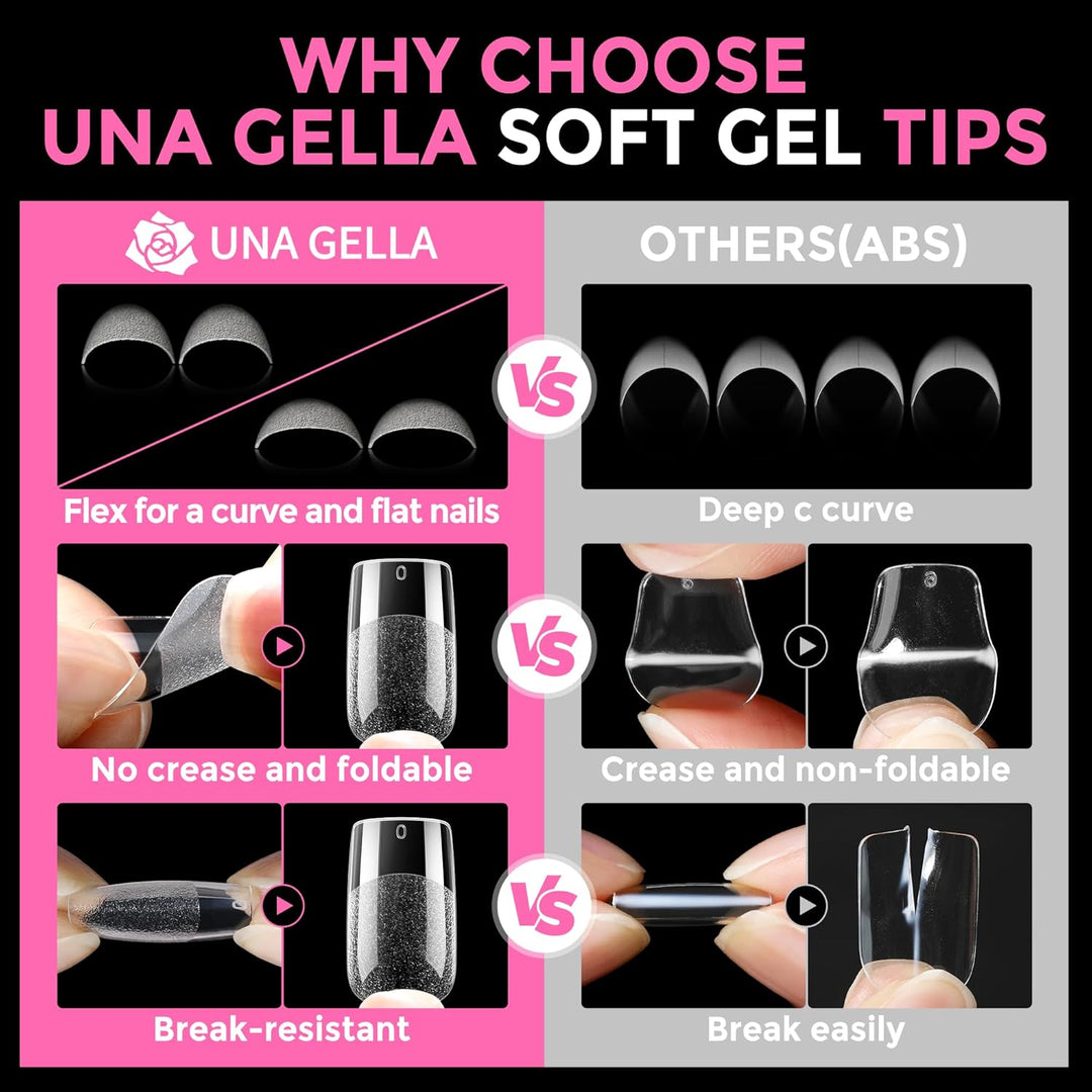 UNA GELLA 216 Pcs Square Toe Nail Tips | Soft Gel Full Cover Press-Ons