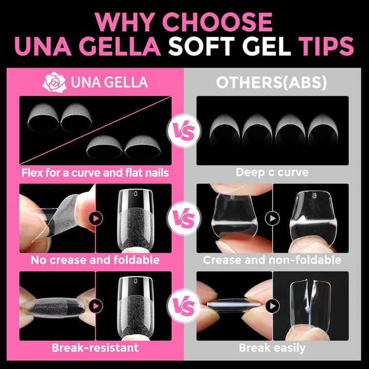 UNA GELLA 216 Pcs Square Toe Nail Tips | Soft Gel Full Cover Press-Ons