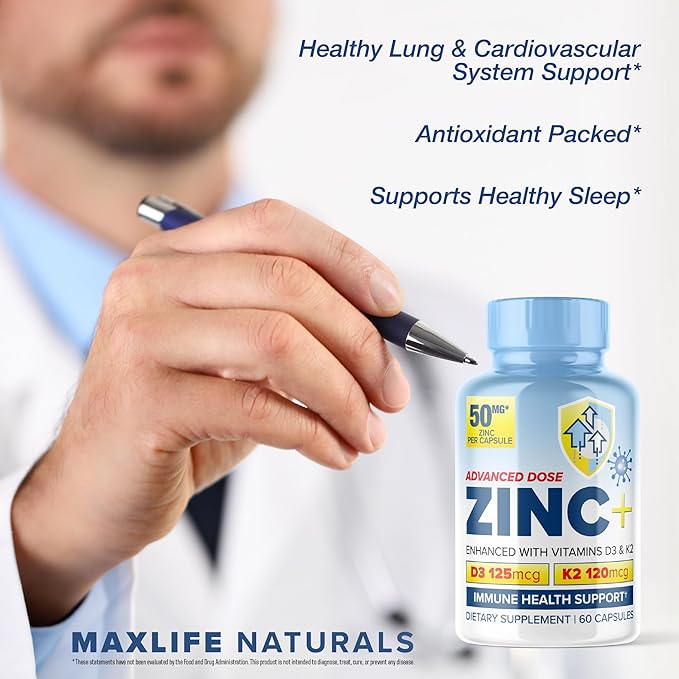 Zinc Picolinate 50mg with Vitamin K2 MK-7 + Vitamin D3 5000 IU, Zinc 50mg with 120mcg Vitamin K2 as MK7, Non-GMO Zinc Supplements Easy to Swallow Alternative to Lozenge, Chewable Tablets, Liquid Zinc
