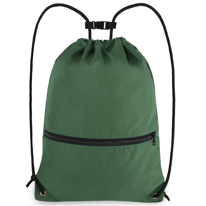 BeeGreen Dark Green Drawstring Backpack with Front Zipper Pocket and Inner Pocket Large 18.5" L x 13.8" W String Sackpack Cinch Sack Gym Sports Workout Bag For Men Women