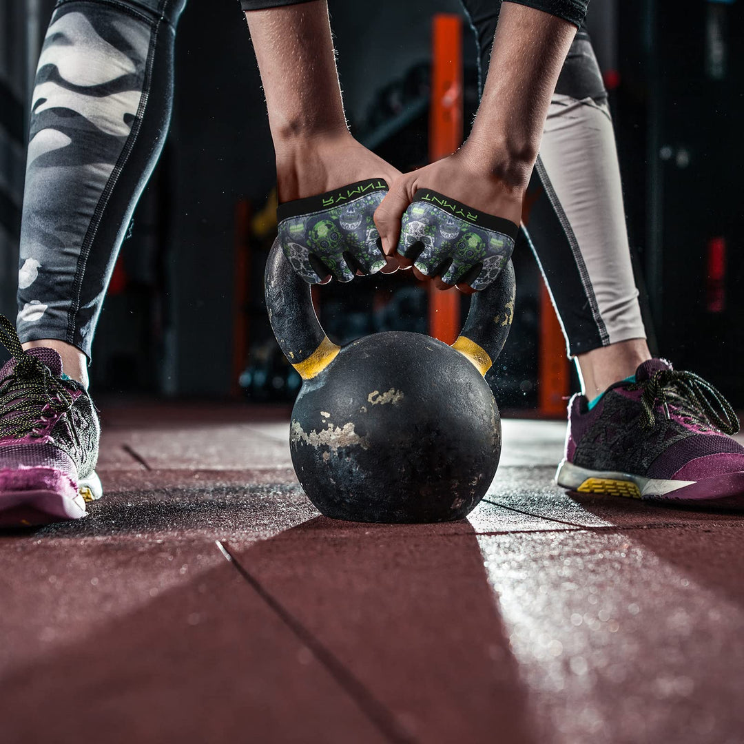 RYMNT Minimal Workout Gloves,Short Micro Weight Lifting Gloves Grip Pads with Full Palm Protection & Extra Grip for Men Women Weightlifting,Gym,Cross Training,Powerlifting,WODs.Skull Green.Small