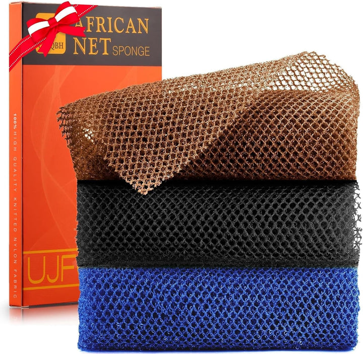 3-Piece African Net Bath Sponge Set | Exfoliating Body Scrubber | Black, Blue, Brown