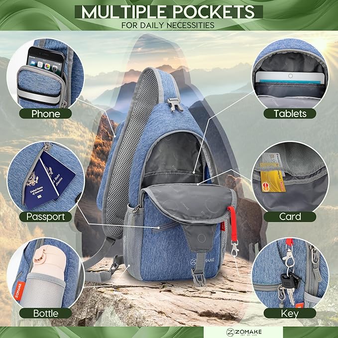 ZOMAKE Small Sling Bag, Travel Sling Backpack, Waterproof Hiking Cycling Crossbody pack for Men Women(Navy Blue)