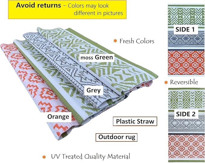 BalajeesUSA Outdoor Decor Patio Rugs – 6x9, Green, Orange Waterproof Affordable Multipurpose Woven Plastic Straw All-Weather Waterproof Rug Reversible Camper mat Awning